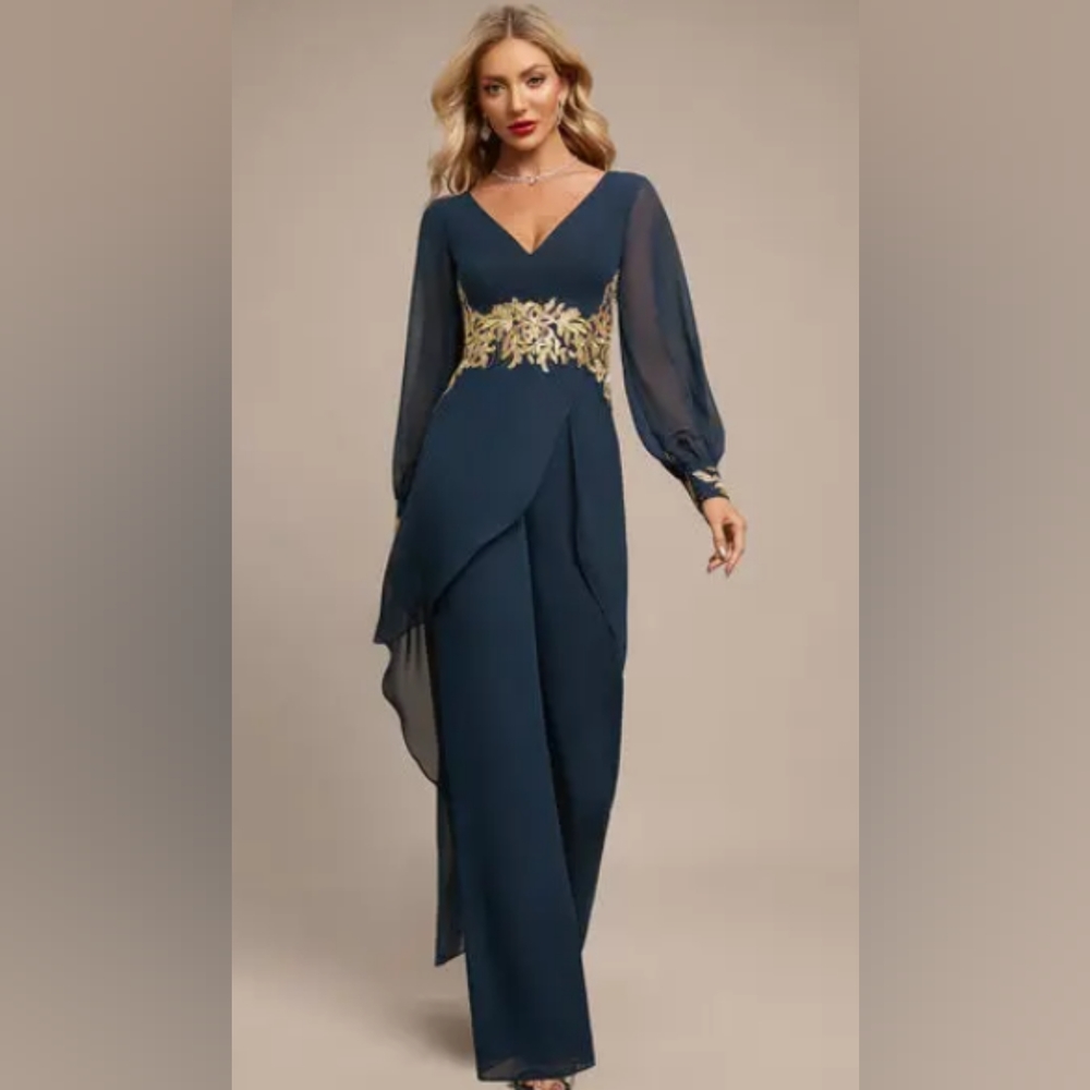 NWT-NAVY BLUE W/GOLD ACCENTS--CHIFFON JUMPSUIT -- SIZE 14